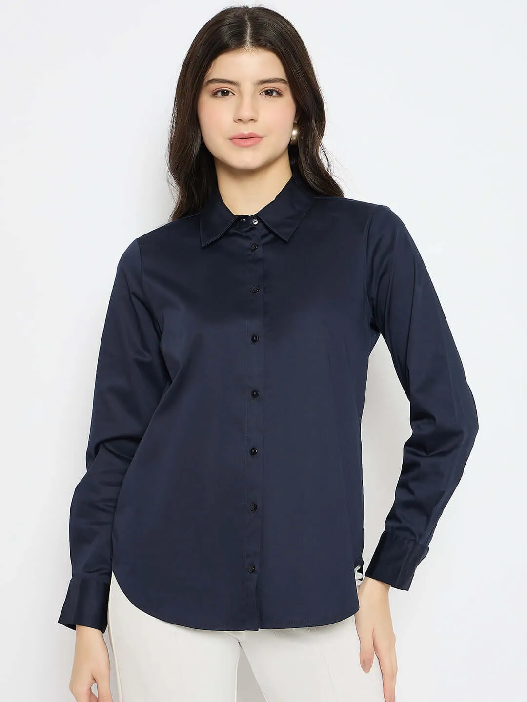 Madame Navy Blue Cotton Blend Shirt